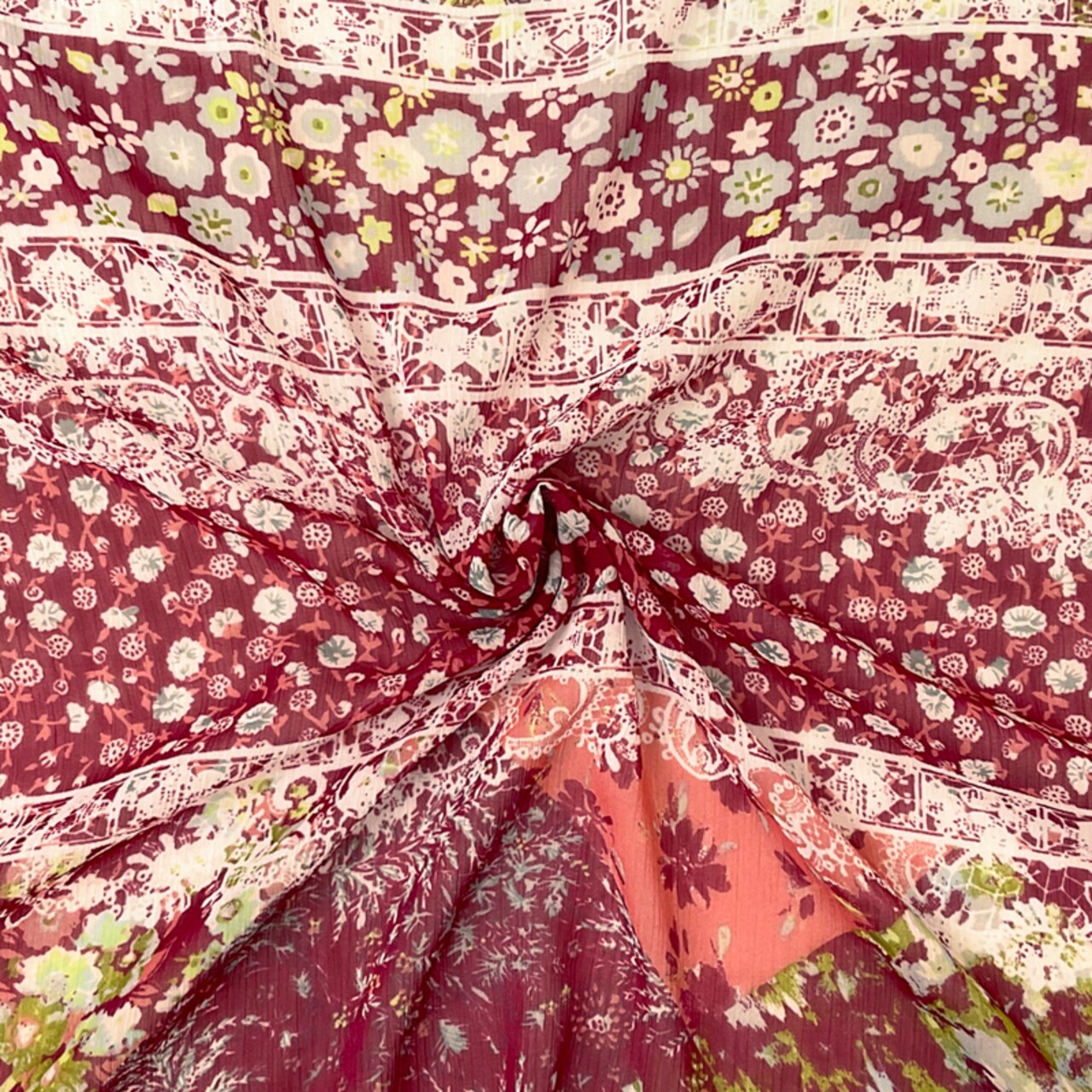 Red-Multi Poly Stripe Floral Print Yoryu Chiffon Woven Fabric By the Yard